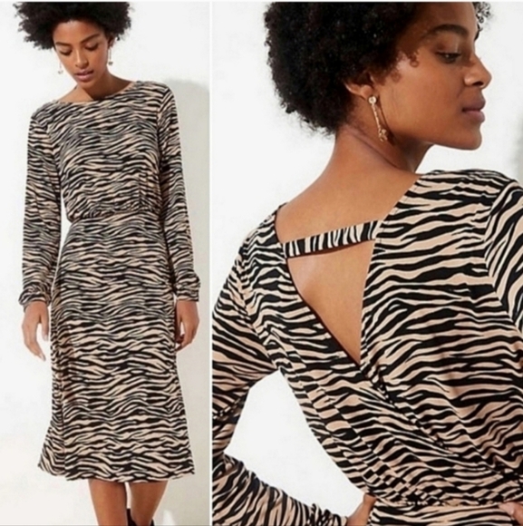 NWT LOFT Tiger Stripe Animal Print Long Sleeve Bar Back Midi Dress - Picture 1 of 3